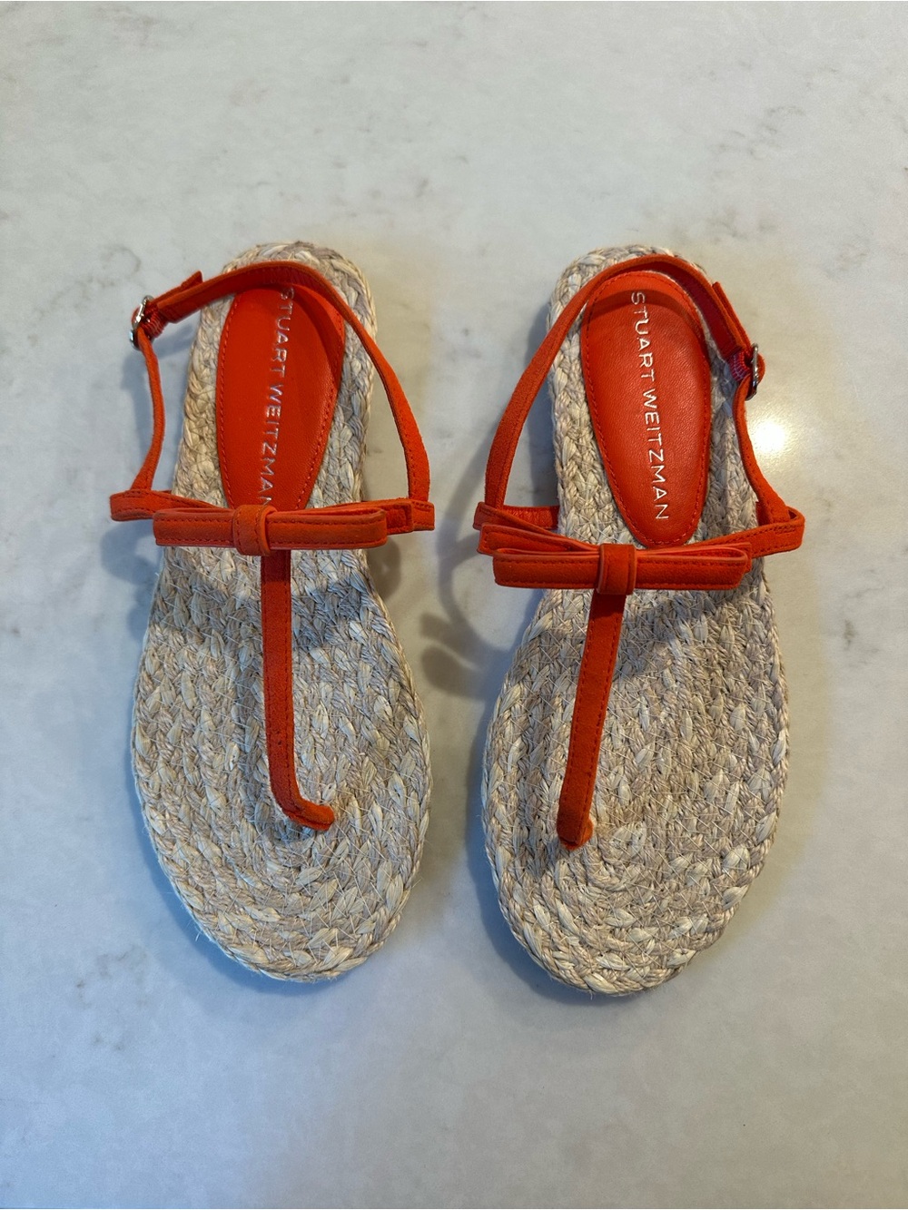 Stuart Weitzman Orange T-Strap Espadrille Sandals with Bow Accent Sz 8.5